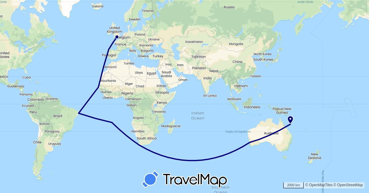 TravelMap itinerary: driving in Australia, Brazil, Spain, United Kingdom, Saint Helena, Senegal, South Africa (Africa, Europe, Oceania, South America)
